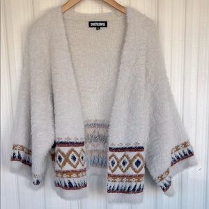 ANTHROPOLOGIE Cream Tribal Patterned FUZZY OVERSIZED Sweater Womens Size S